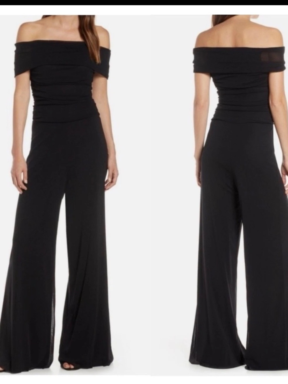 Eliza J Womens Black Mesh Off The Shoulder Ruched Wide Leg Jumpsuit 10